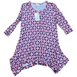 Simply Southern Shift Dress M Pink Blue Damask 3/4 Sleeve Coastal Preppy NWT